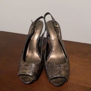 Women's STEVE MADDEN Brown Snakeskin, Slingback, Peep-Toe Platform Heels, 10M